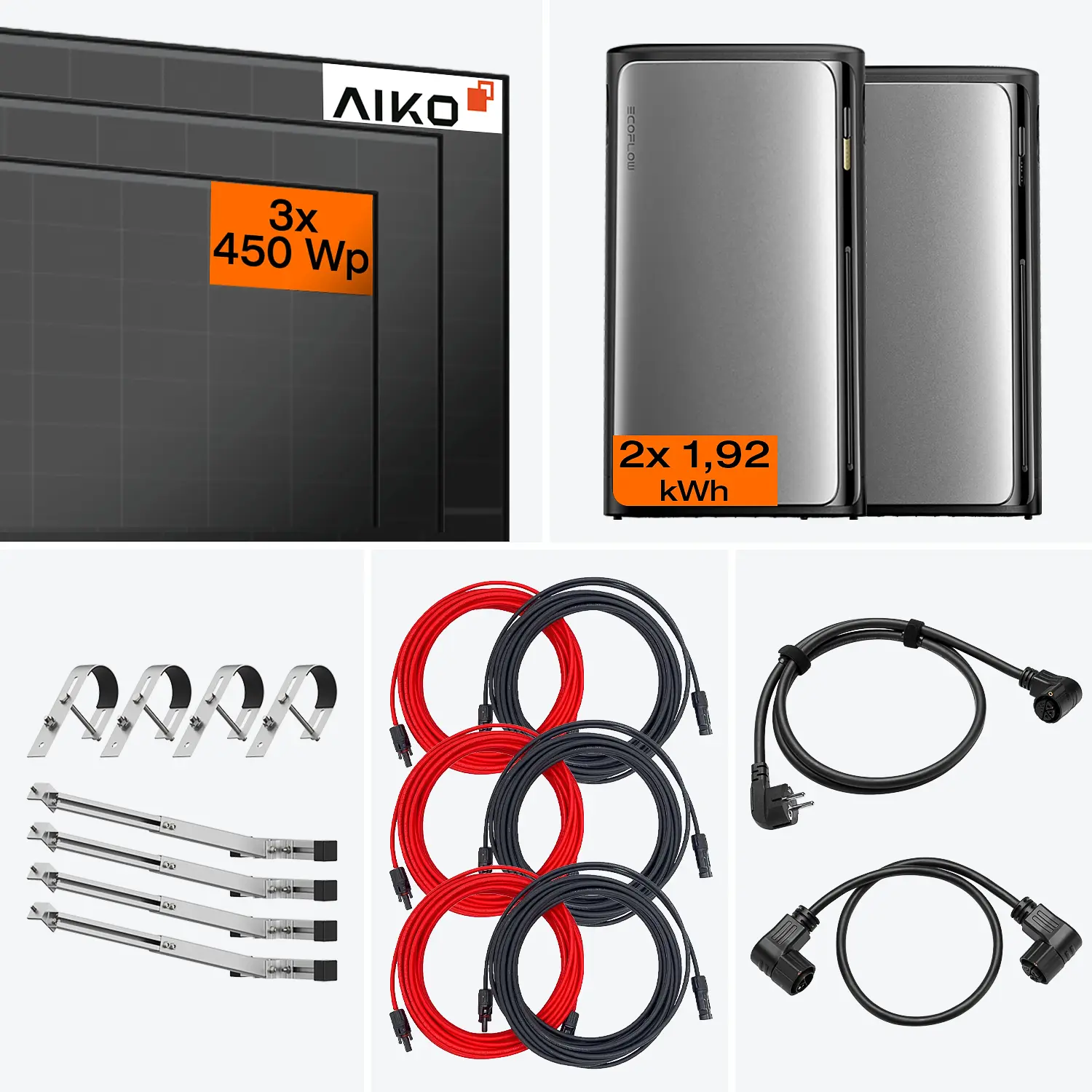 Lieferumfang Balkonkraftwerk Pro 1350 W mit AC Pro Speicher – Komplettset mit Gittergeländerhalterung