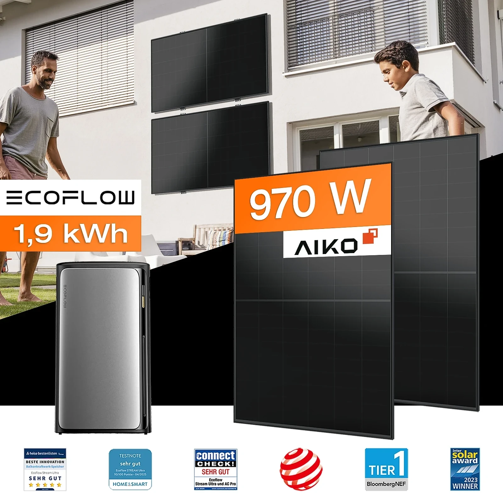 Balkonkraftwerk mit Speicher 1,92 kWh, 970 W mit Fassadenhalterung