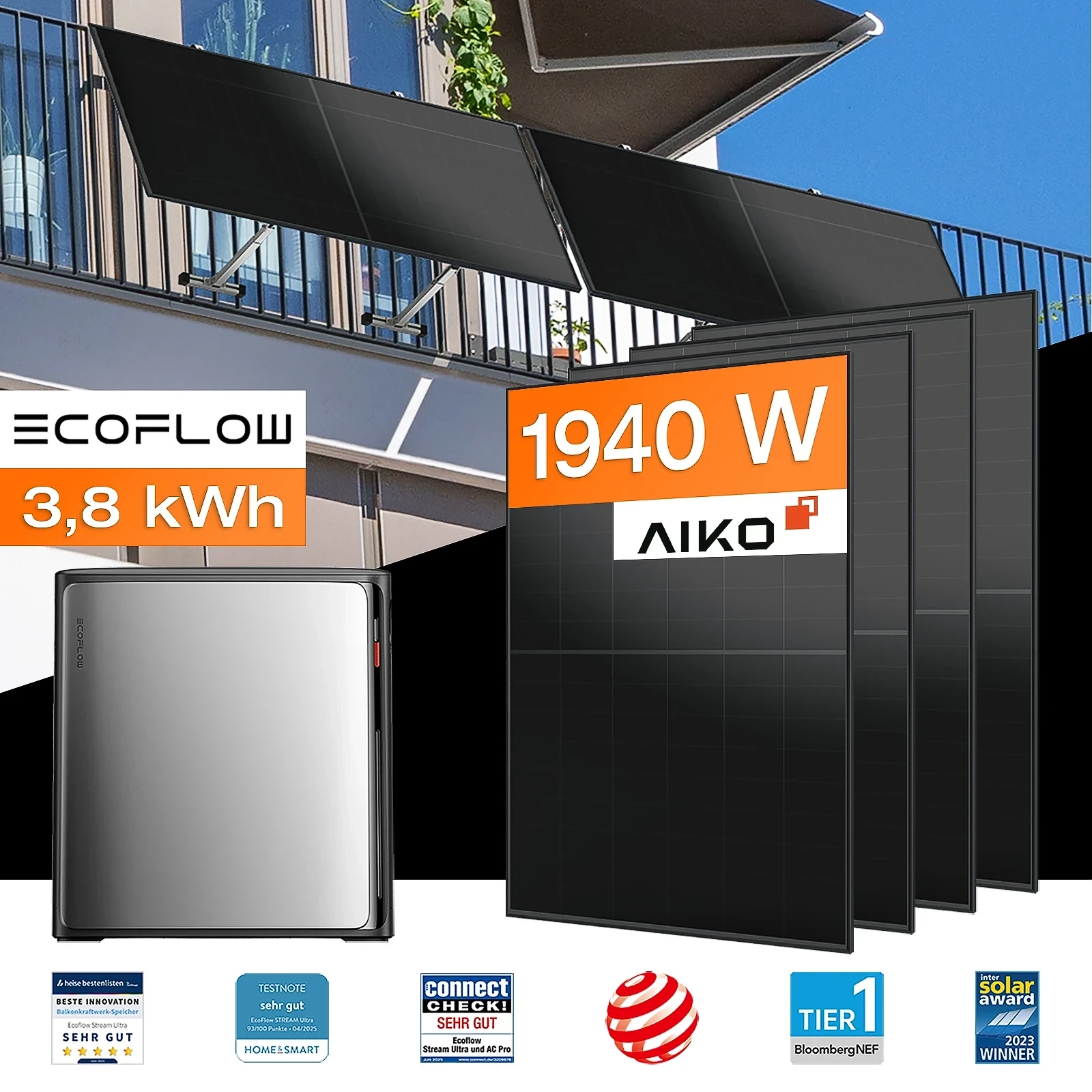 Balkonkraftwerk mit Speicher 3,84 kWh, 1940 W mit Balkonhalterung