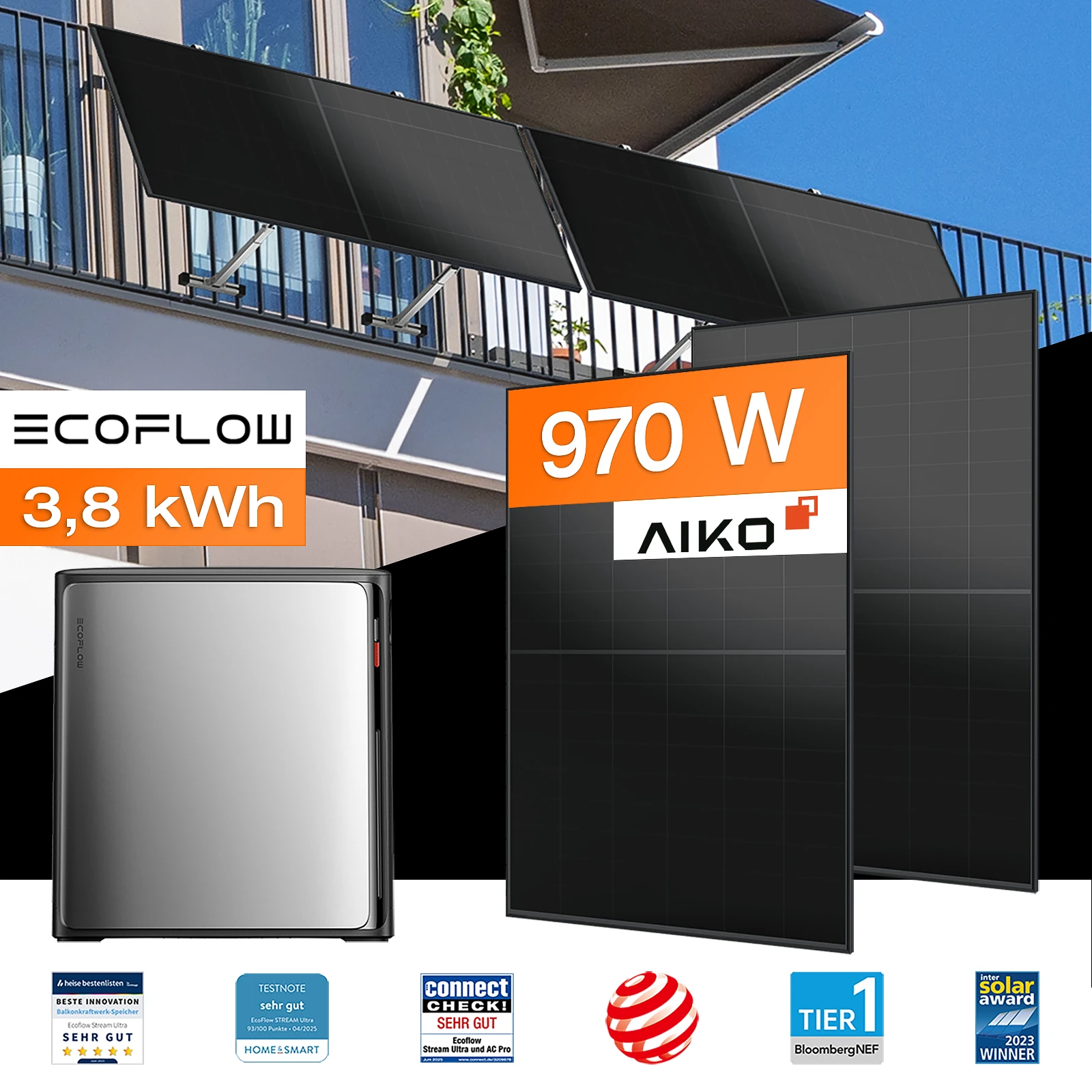 Balkonkraftwerk mit Speicher 3,84 kWh, 970 W mit Balkonhalterung