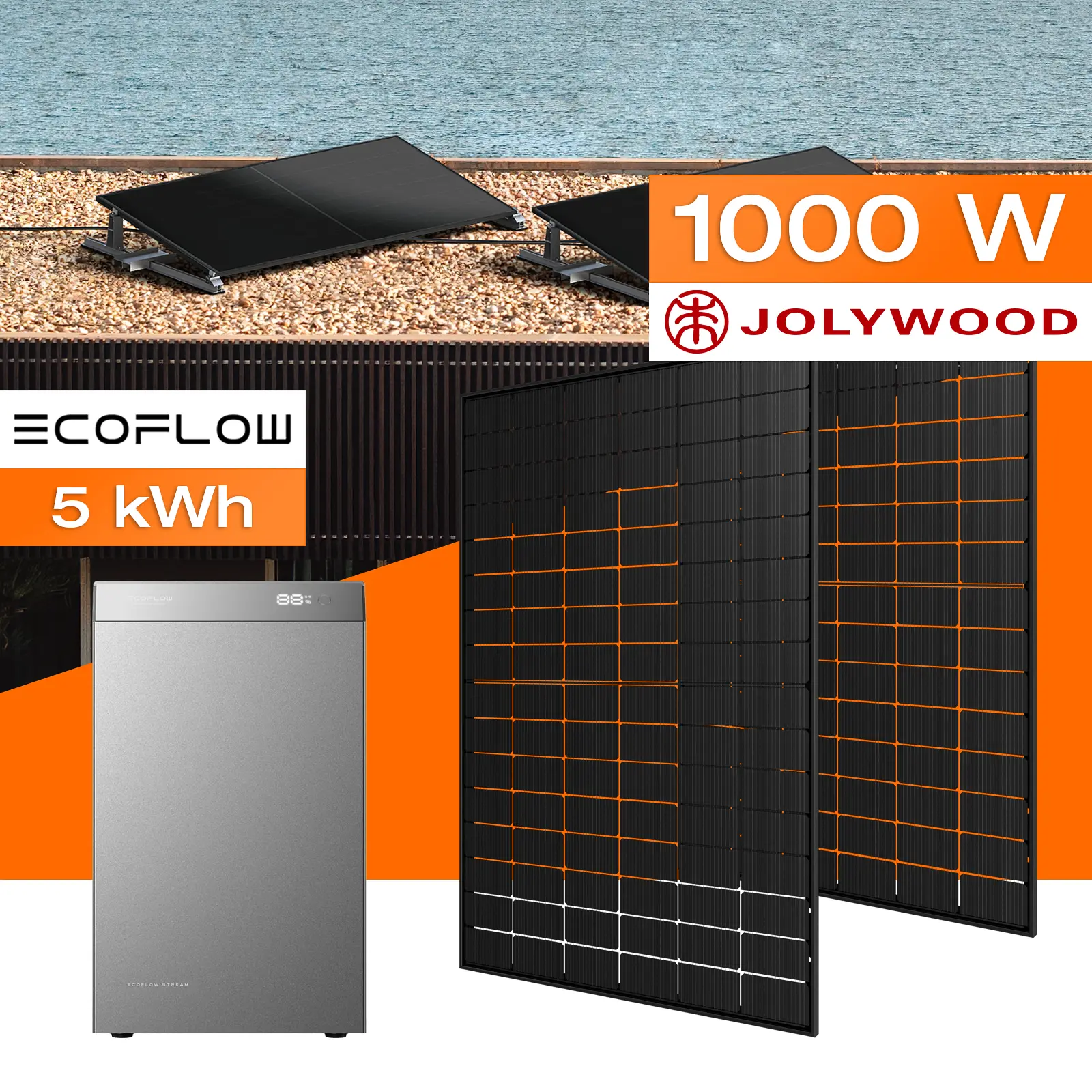 Balkonkraftwerk mit Speicher 5 kWh, 1000 W mit Flachdach / Garten Halterung