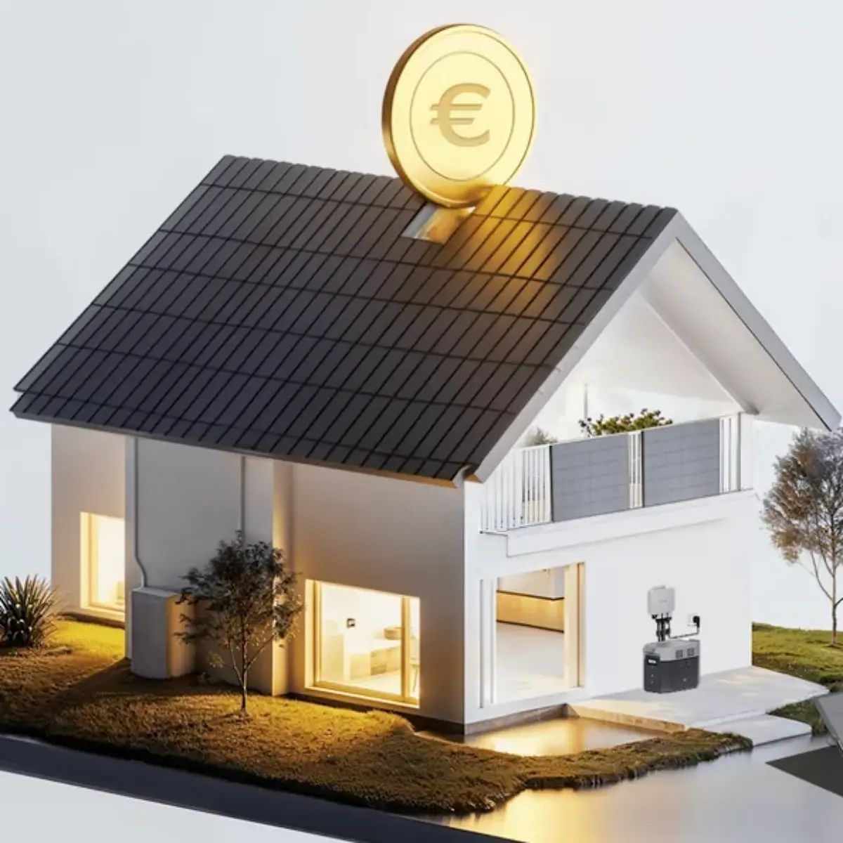 Modellhaus mit Euro-Münze – Balkonkraftwerk als Investition in niedrigere Stromkosten