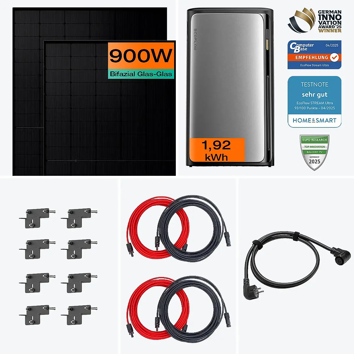 Balkonkraftwerk mit Speicher 900 W Komplettset Ultra mit Fassade 90° Halterung