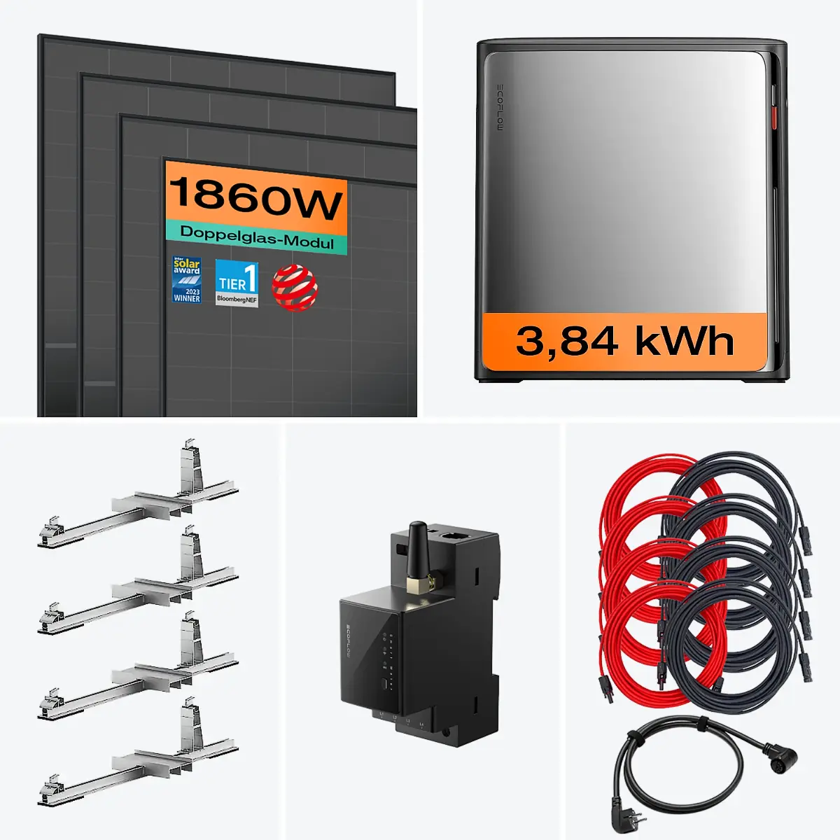Balkonkraftwerk mit Speicher Ultra X 1860 W mit Flachdach/Garten Halterung