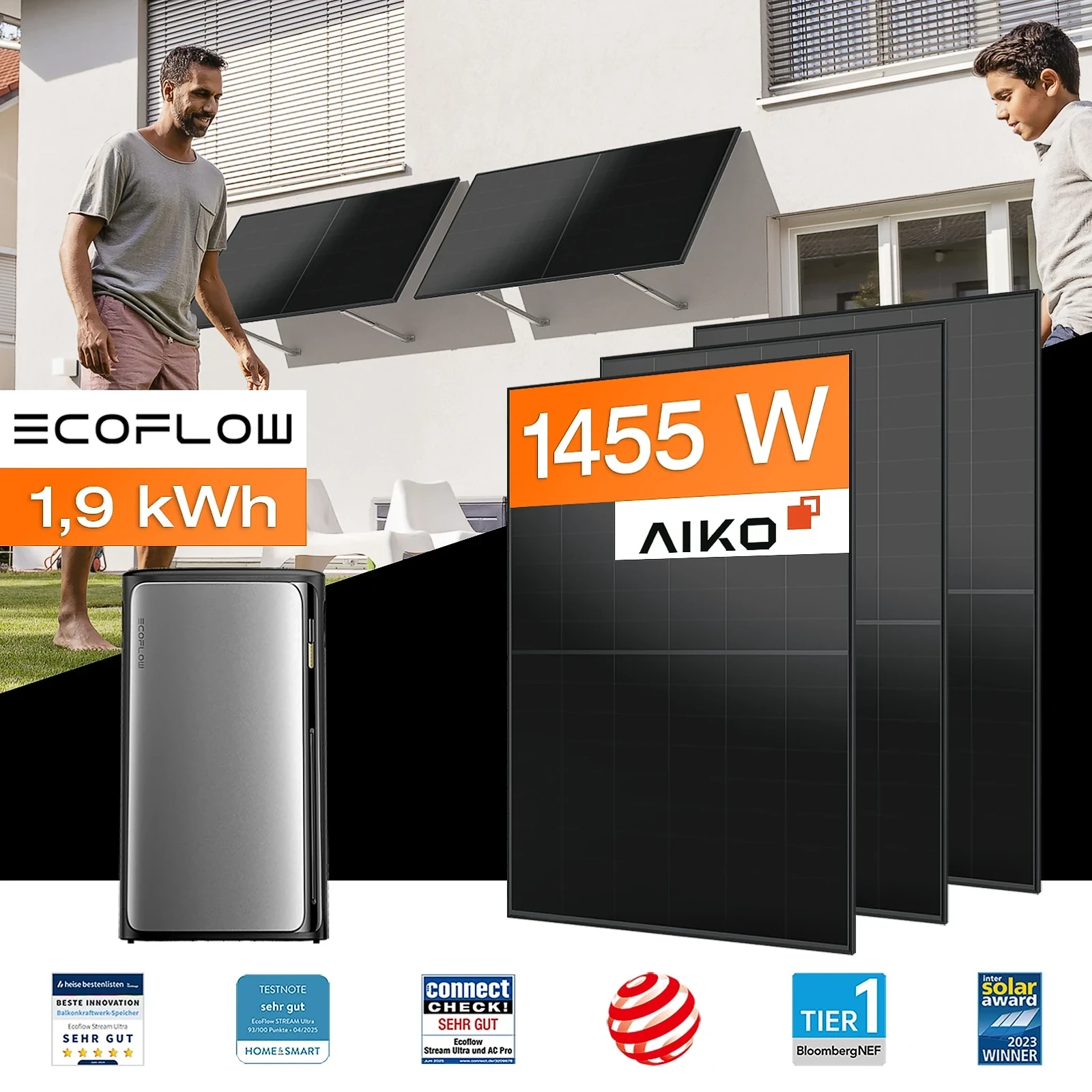 Balkonkraftwerk mit Speicher 1,92 kWh, 1455 W mit Fassadenhalterung Vario