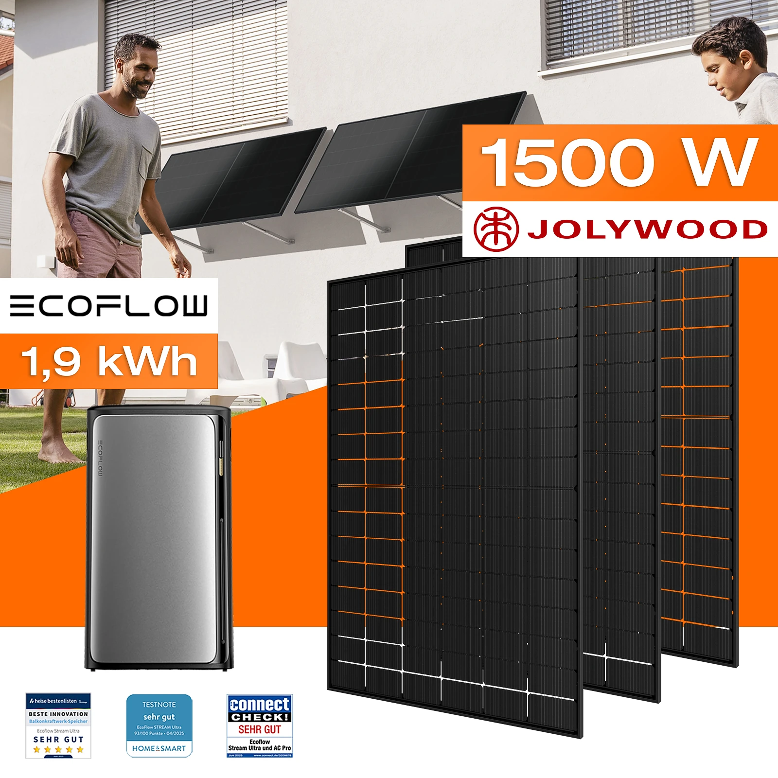 Balkonkraftwerk mit Speicher 1,92 kWh, 1500 W mit Fassadenhalterung Vario