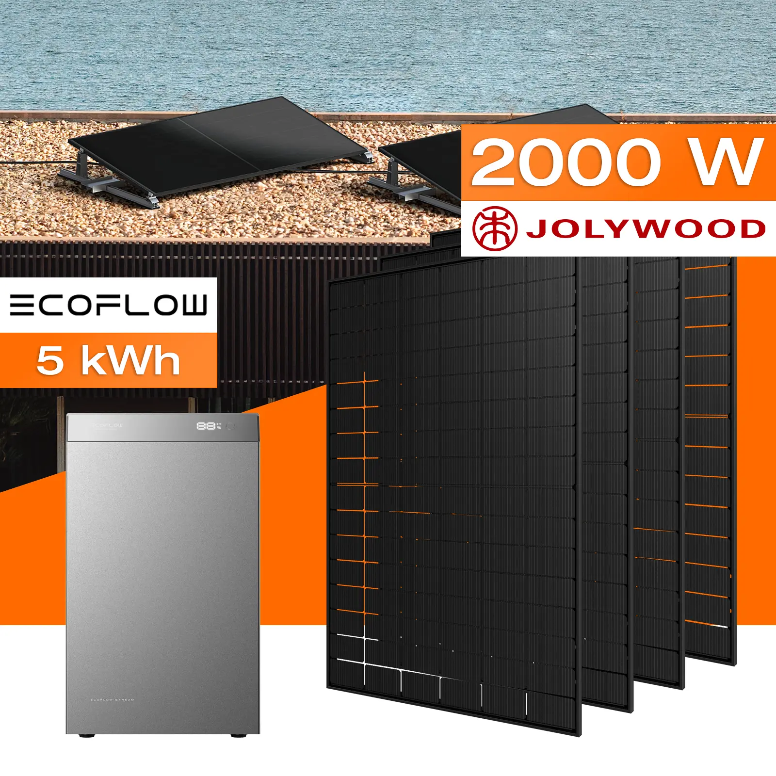 Balkonkraftwerk mit Speicher 5 kWh, 2000 W mit Flachdach / Garten Halterung