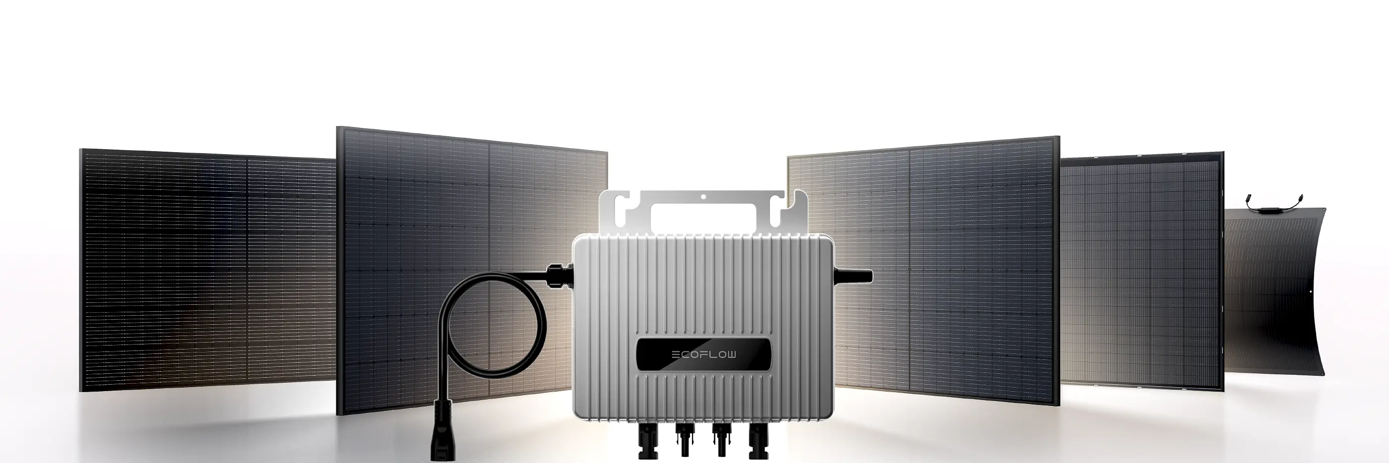 Unterschiedliche Solarpanels links und rechts von einem zentral platzierten silbernen Wechselrichter  – Symbolbild für den Produktfinder zur Auswahl des passenden Balkonkraftwerks.