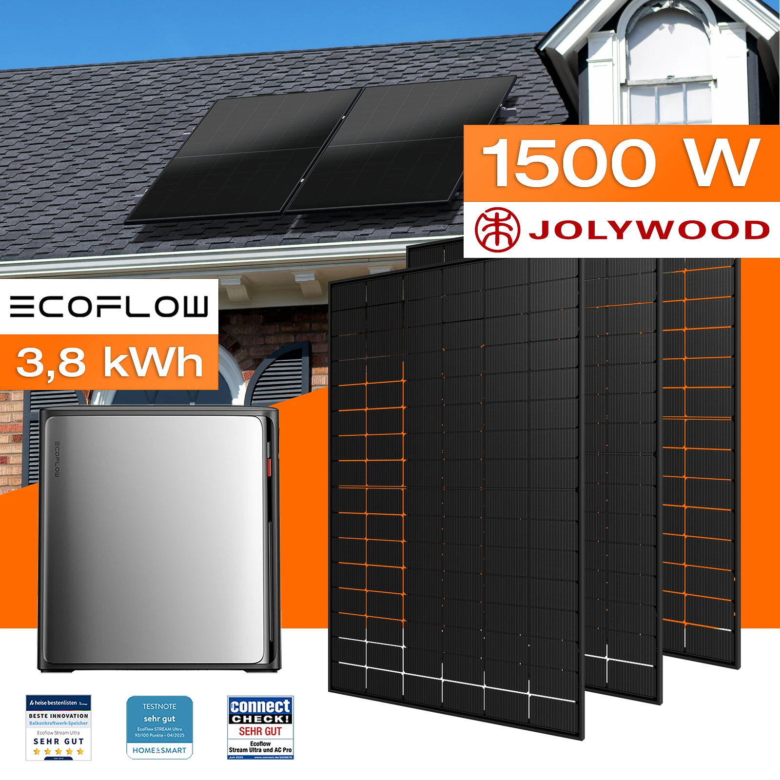 Balkonkraftwerk mit Speicher 3,84 kWh, 1500 W Mit Montagesystem für Ziegeldach
