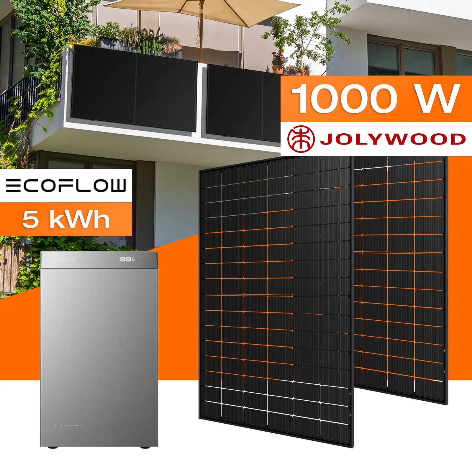 Balkonkraftwerk mit Speicher 5 kWh, 1000 W mit Halterung Betonbrüstung 7-15 cm