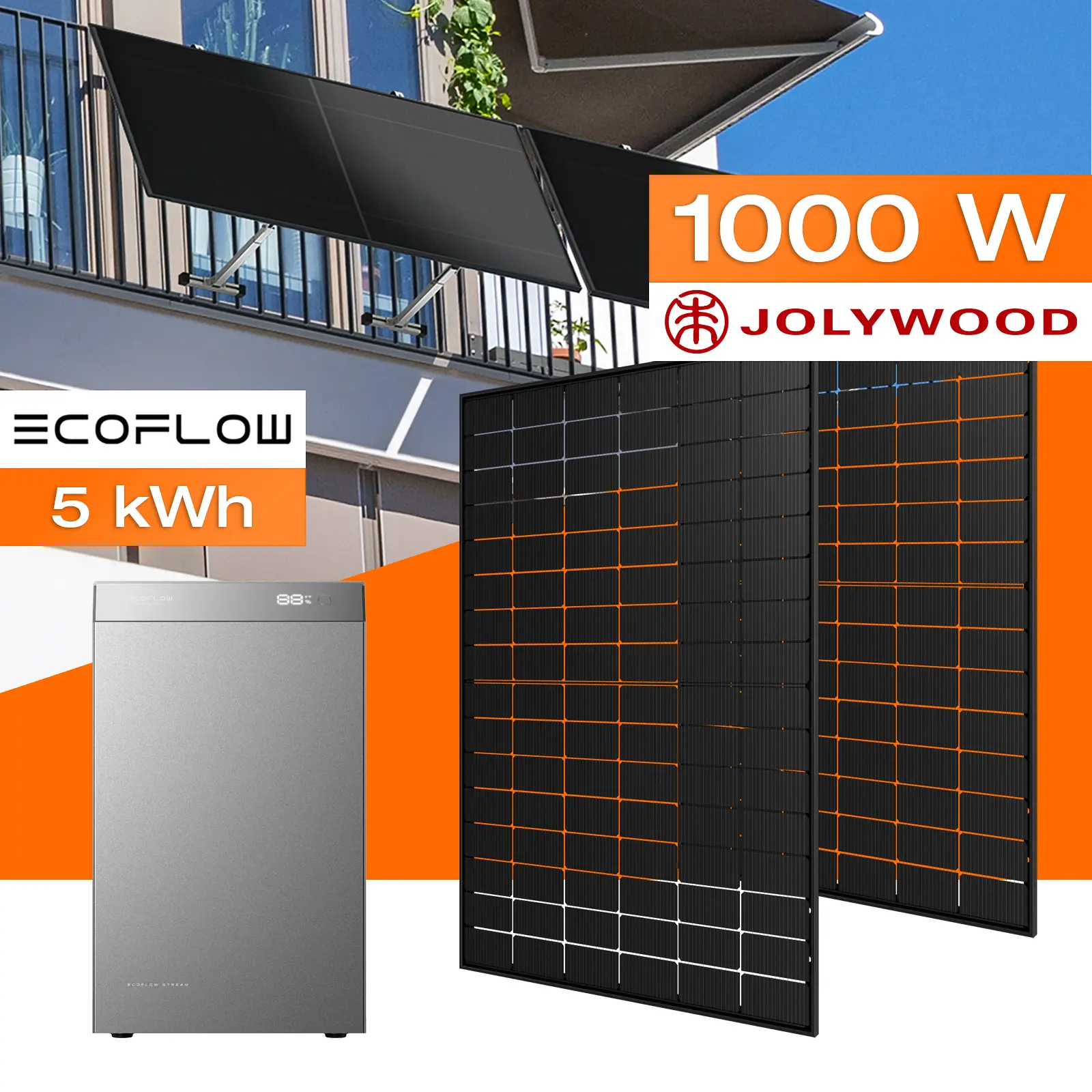 Balkonkraftwerk mit Speicher 5 kWh, 1000 W mit Balkonhalterung