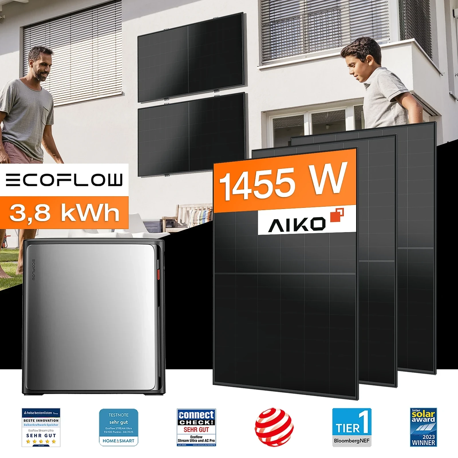 Balkonkraftwerk mit Speicher 3,84 kWh, 1455 W mit Fassadenhalterung