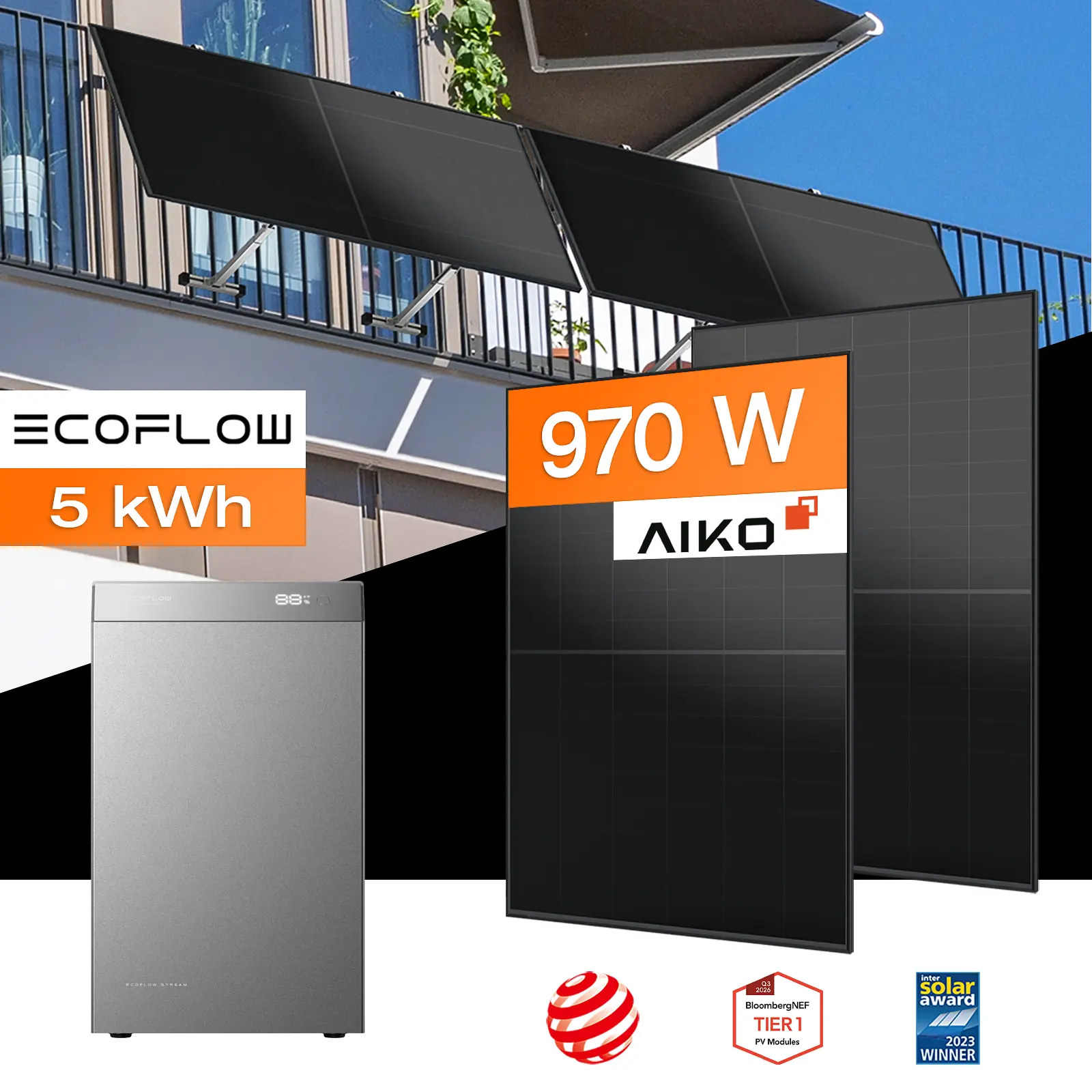 Balkonkraftwerk mit Speicher 5 kWh, 970 W mit Balkonhalterung