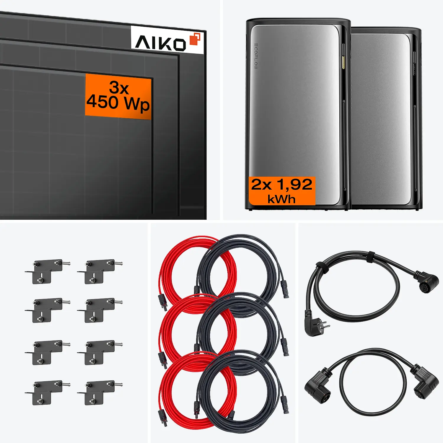 Lieferumfang Balkonkraftwerk Pro 1350 W mit AC Pro Speicher – Komplettset mit Fassade 90° Halterung 