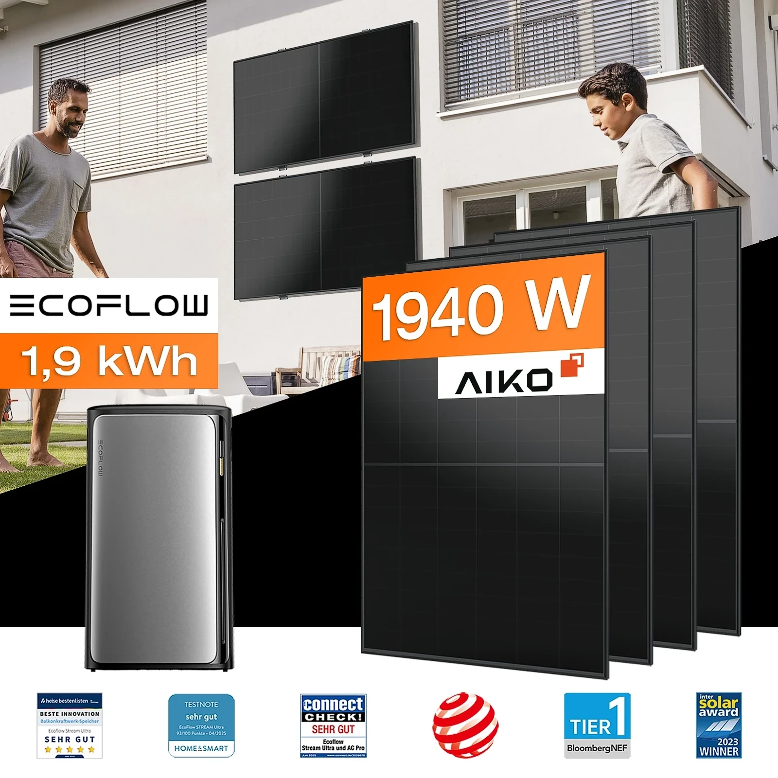 Balkonkraftwerk mit Speicher 1,92 kWh, 1940 W mit Fassadenhalterung