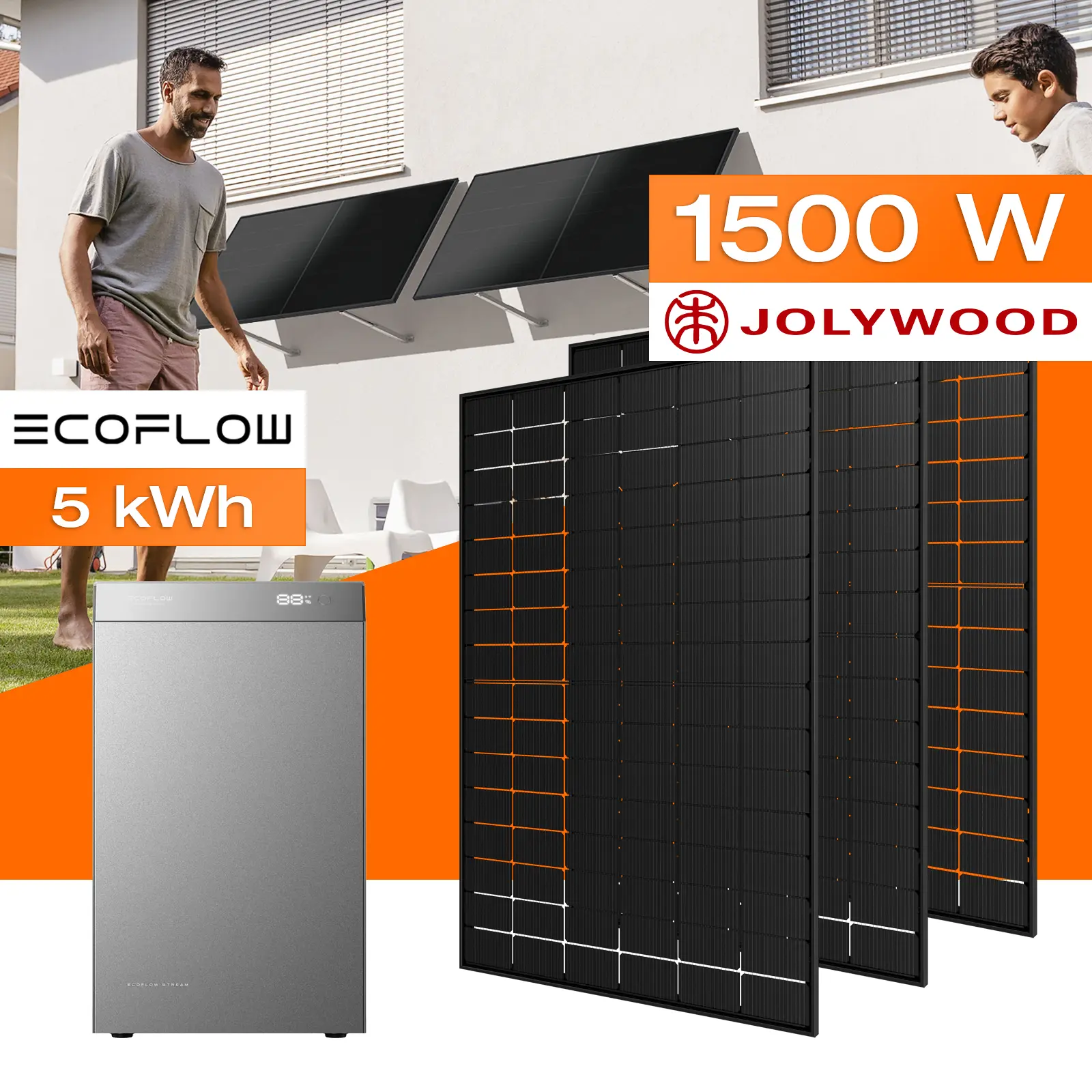 Balkonkraftwerk mit Speicher 5 kWh, 1500 W mit Fassadenhalterung Vario