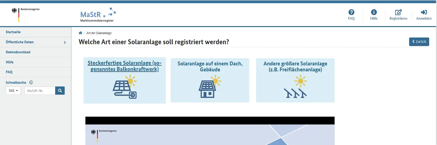 Screenshot der Webseite des Marktstammdatenregisters mit Auswahlmöglichkeiten zur Registrierung von Solaranlagen – darunter steckerfertige Solaranlage, Dachanlage und größere Photovoltaikanlage.