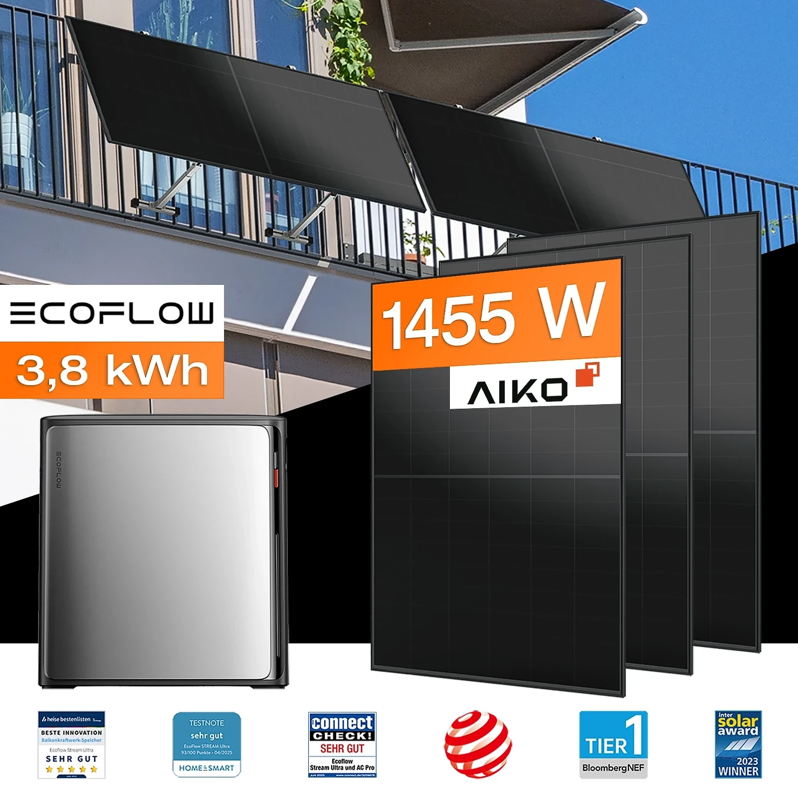 Balkonkraftwerk mit Speicher 3,84 kWh, 1455 W mit Balkonhalterung