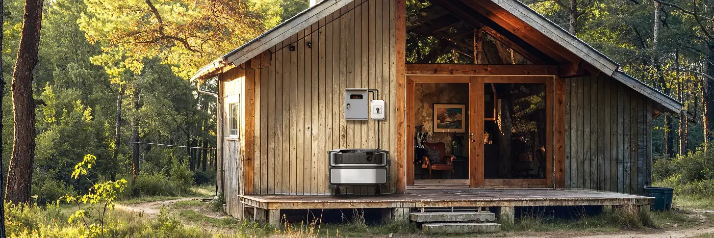 Delta Pro Ultra die vor einem Tinyhouse steht und mit der Stromversorgung verbunden ist Delta Pro Ultra die vor einem Tinyhouse steht und mit der Stromversorgung verbunden ist