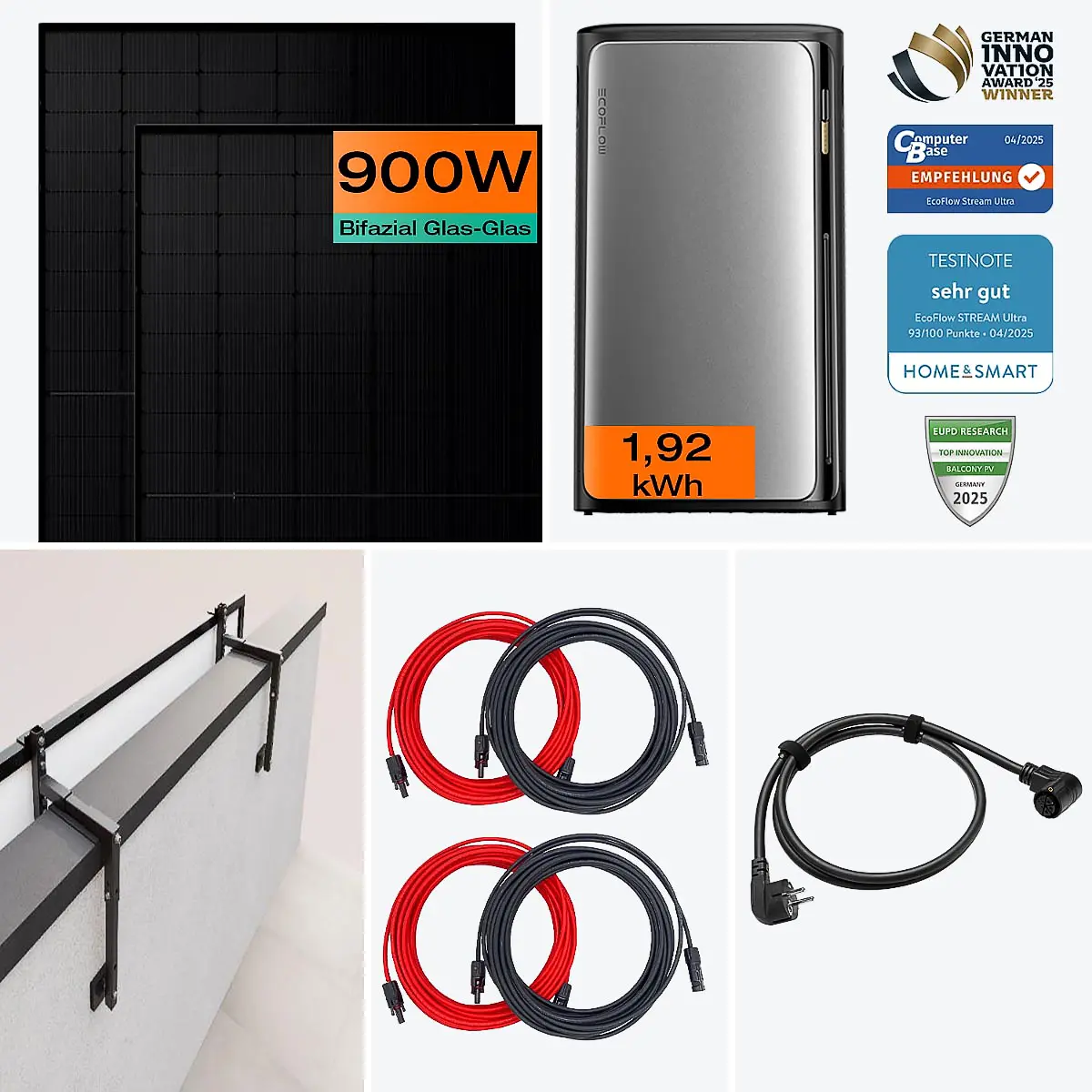 Balkonkraftwerk mit Speicher 900 W Komplettset Ultra mit Betonbrüstung Halterung (10-15 cm)