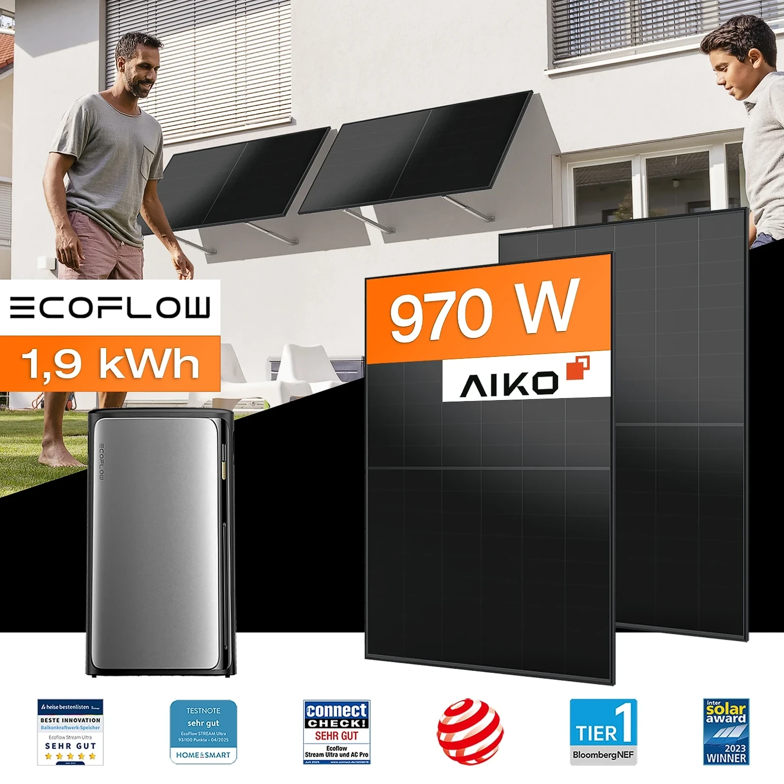 Balkonkraftwerk mit Speicher 1,92 kWh, 970 W mit Fassadenhalterung Vario