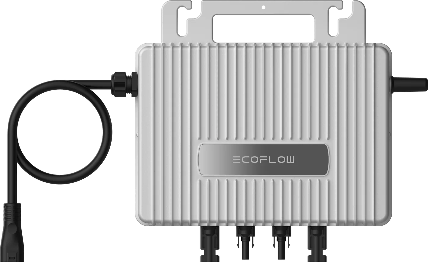 EcoFlow STREAM Mikro-Wechselrichter von vorn mit Anschlusskabel, Antenne und vier PV-Steckern