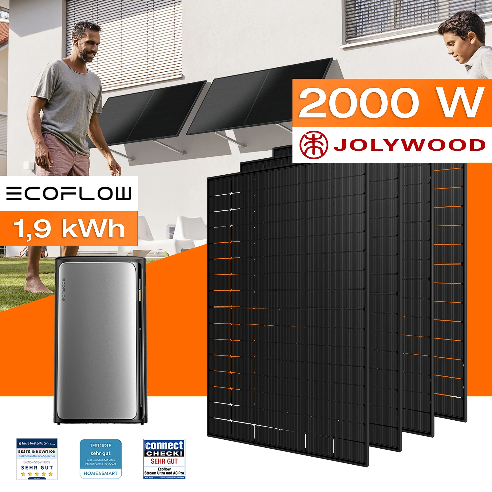 Balkonkraftwerk mit Speicher 1,92 kWh, 2000 W mit Fassadenhalterung Vario