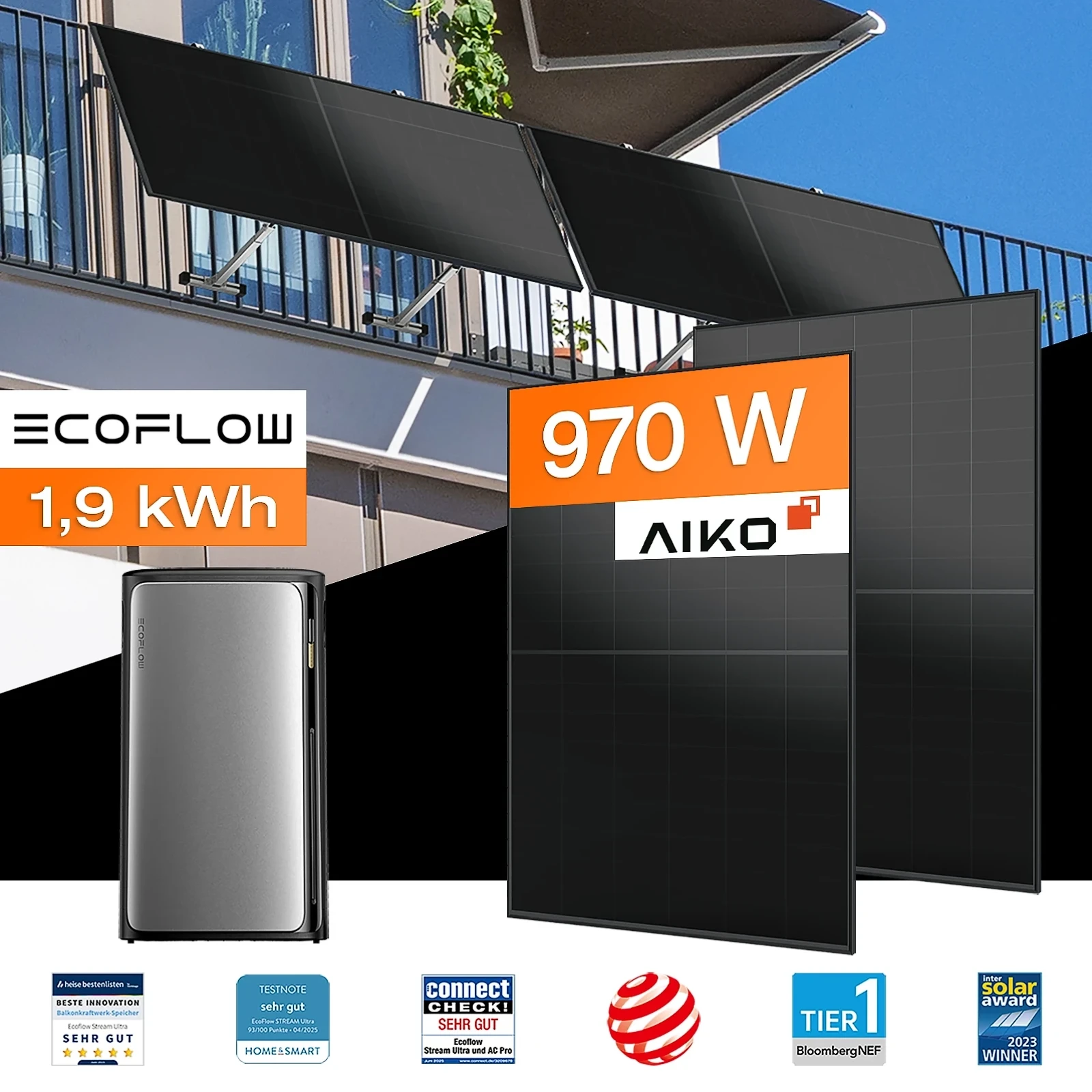 Balkonkraftwerk mit Speicher 1.92 kWh, 970 W mit Balkonhalterung