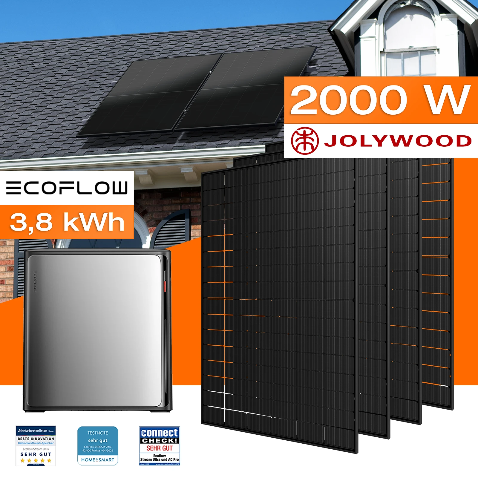 Balkonkraftwerk mit Speicher 3,84 kWh, 2000 W Mit Montagesystem für Ziegeldach