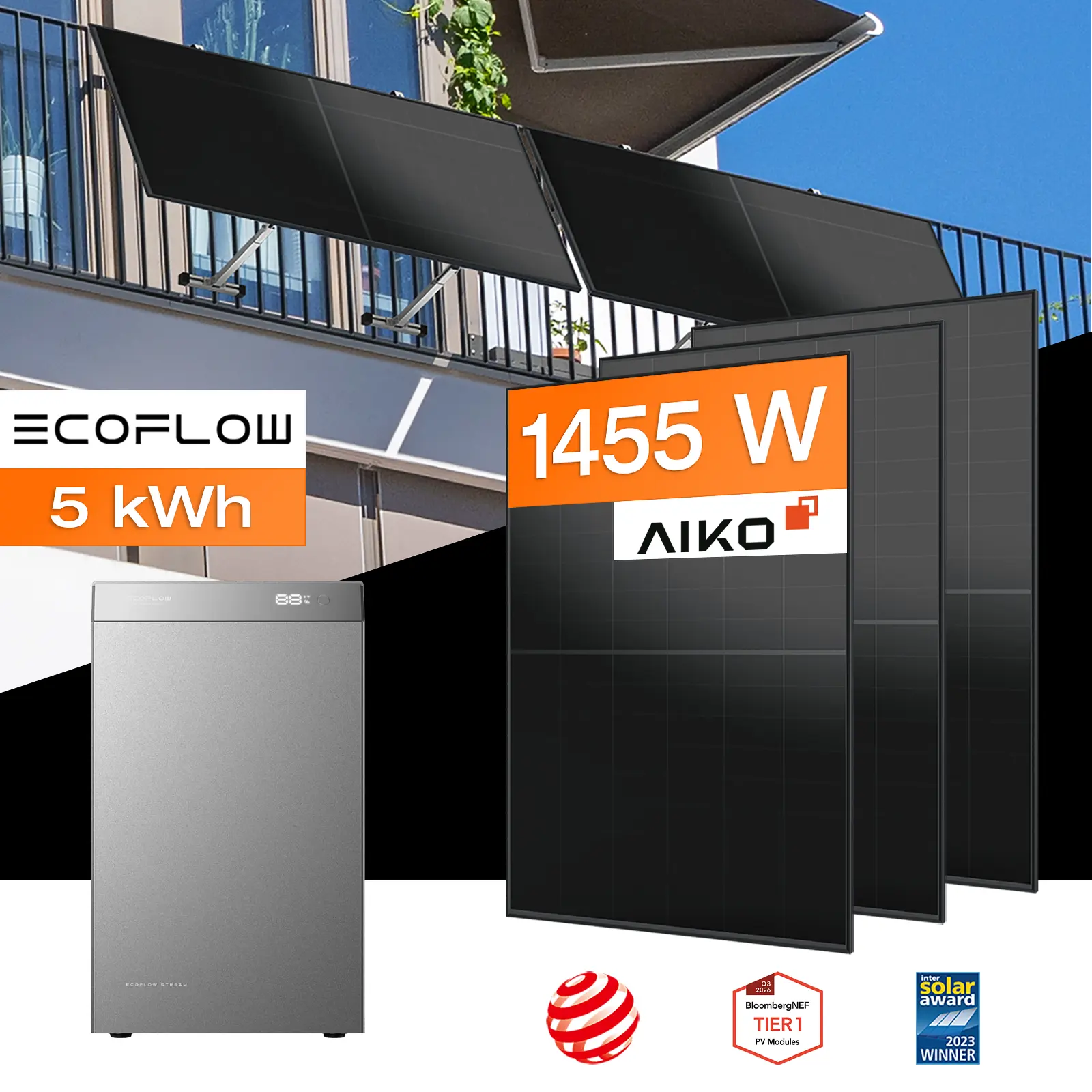 Balkonkraftwerk mit Speicher 5 kWh, 1455 W mit Balkonhalterung