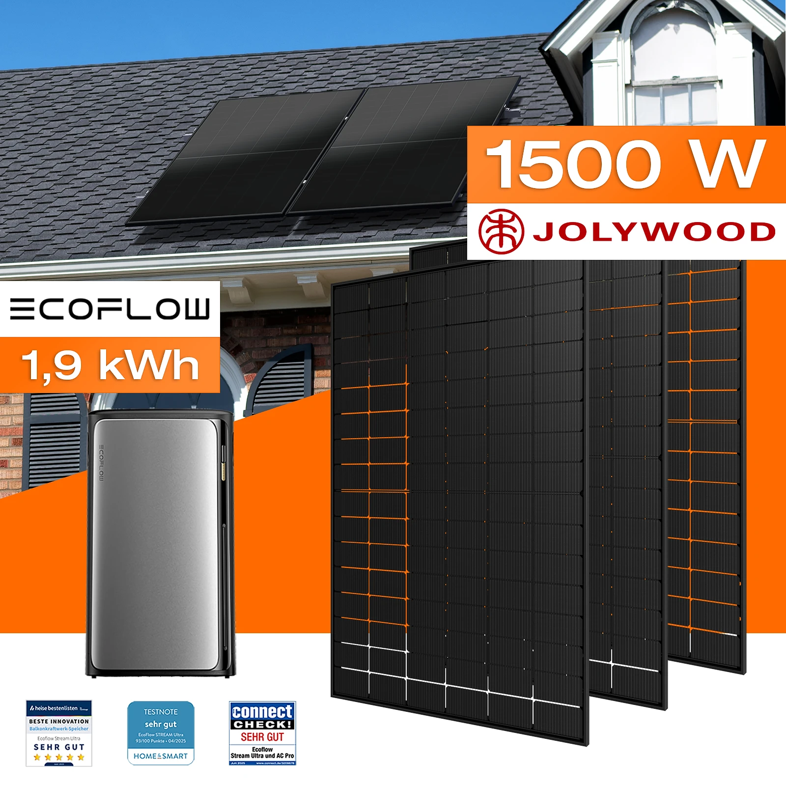 Balkonkraftwerk mit Speicher 1,92 kWh, 1500 W Mit Montagesystem für Ziegeldach