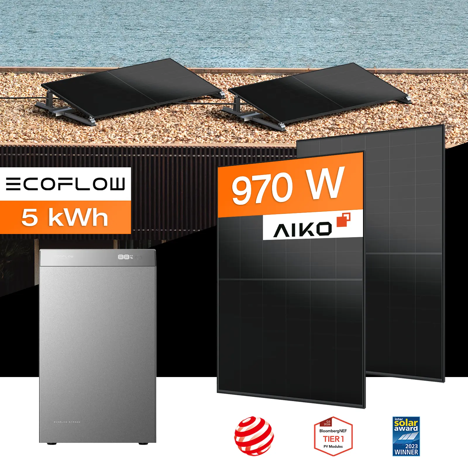 Balkonkraftwerk mit Speicher 5 kWh, 970 W mit Flachdach / Garten Halterung