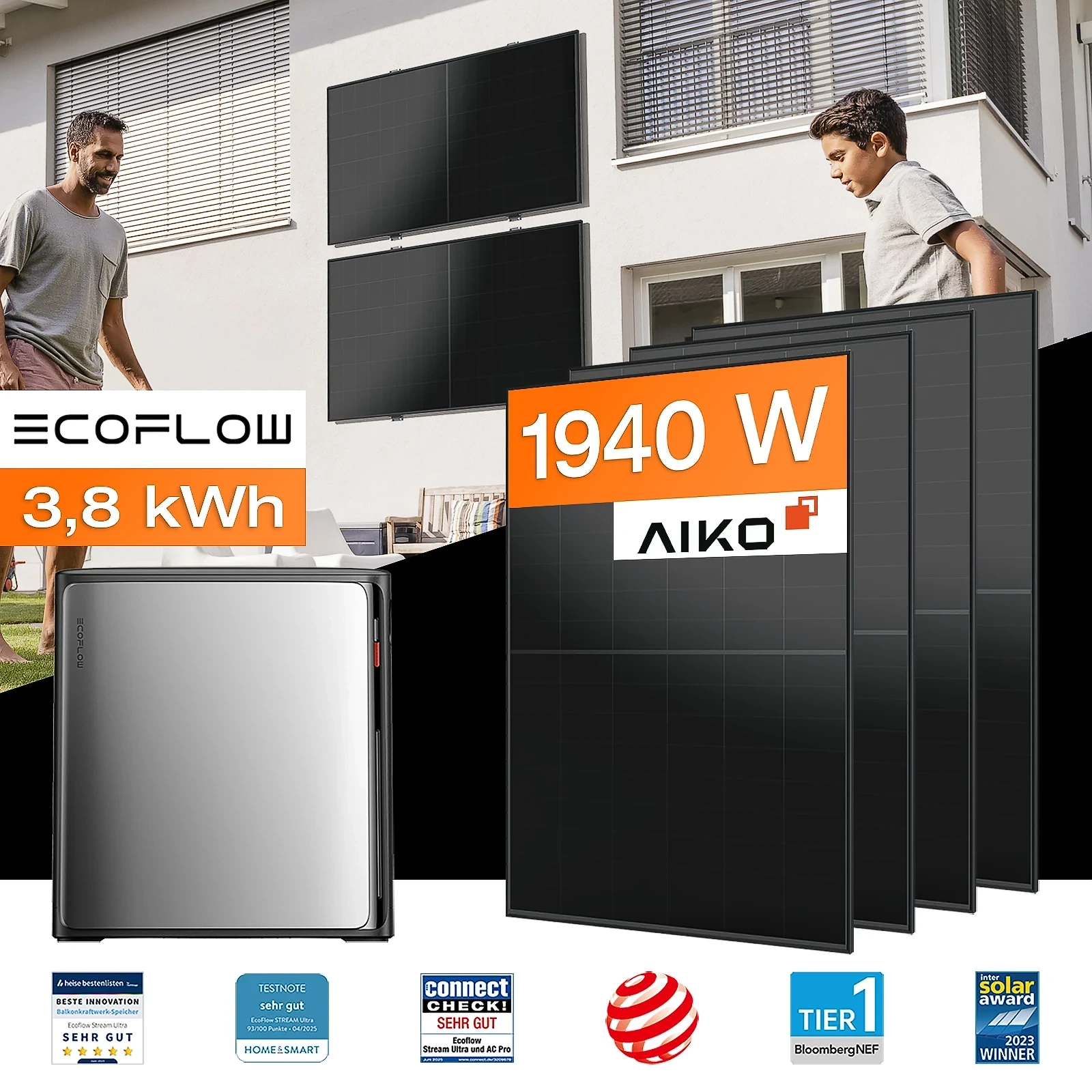 Balkonkraftwerk mit Speicher 3,84 kWh, 1940 W mit Fassadenhalterung