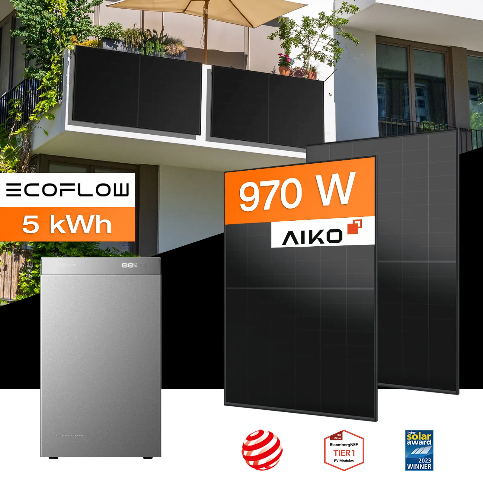 Balkonkraftwerk mit Speicher 5 kWh, 970 W mit Halterung Betonbrüstung 18-23 cm