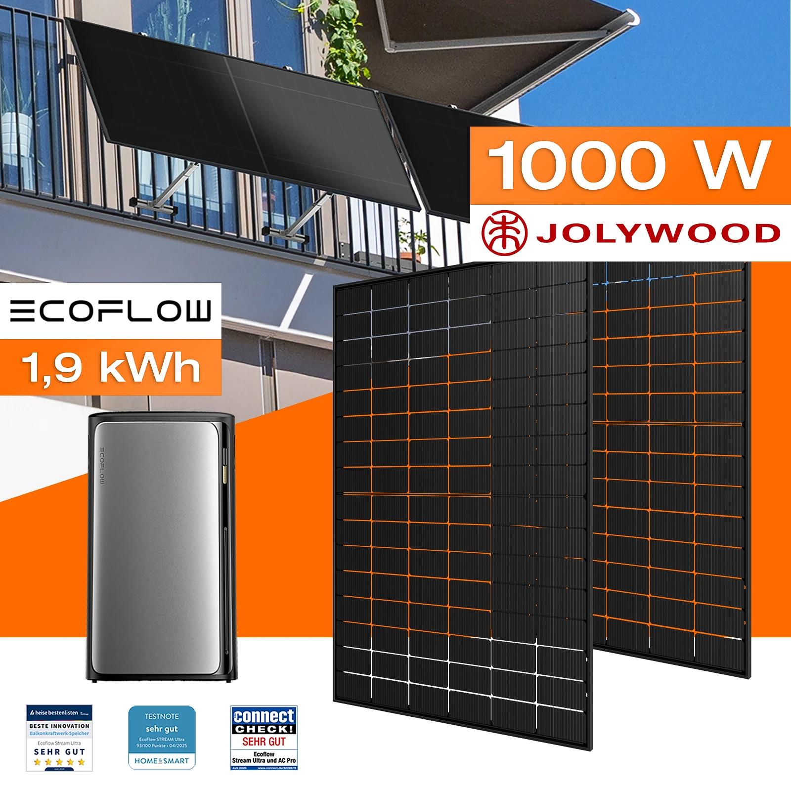 Balkonkraftwerk mit Speicher 1,92 kWh, 1000 W mit Balkonhalterung