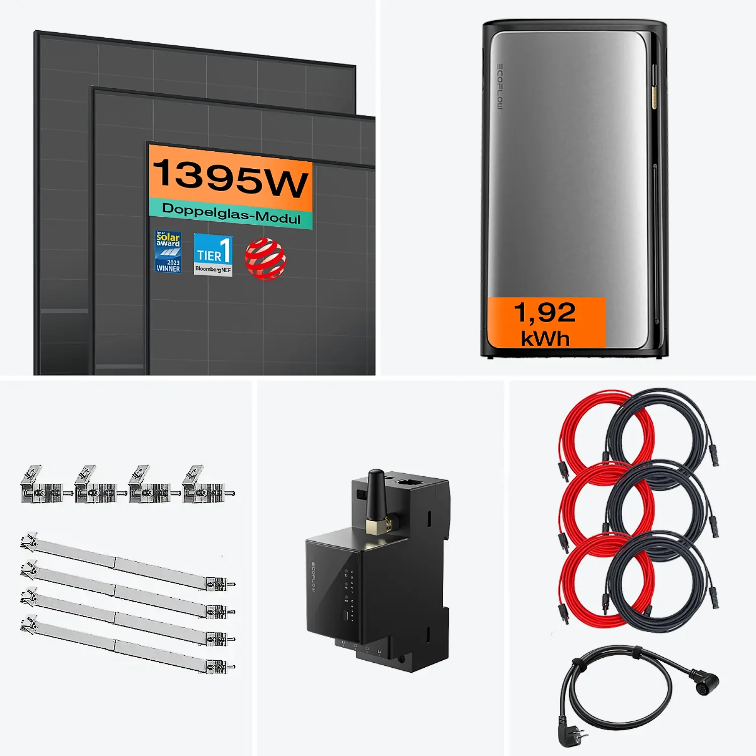 Setinhalt: 1350 W Balkonkraftwerk mit Speicherlösung und Fassade 50° Halterung