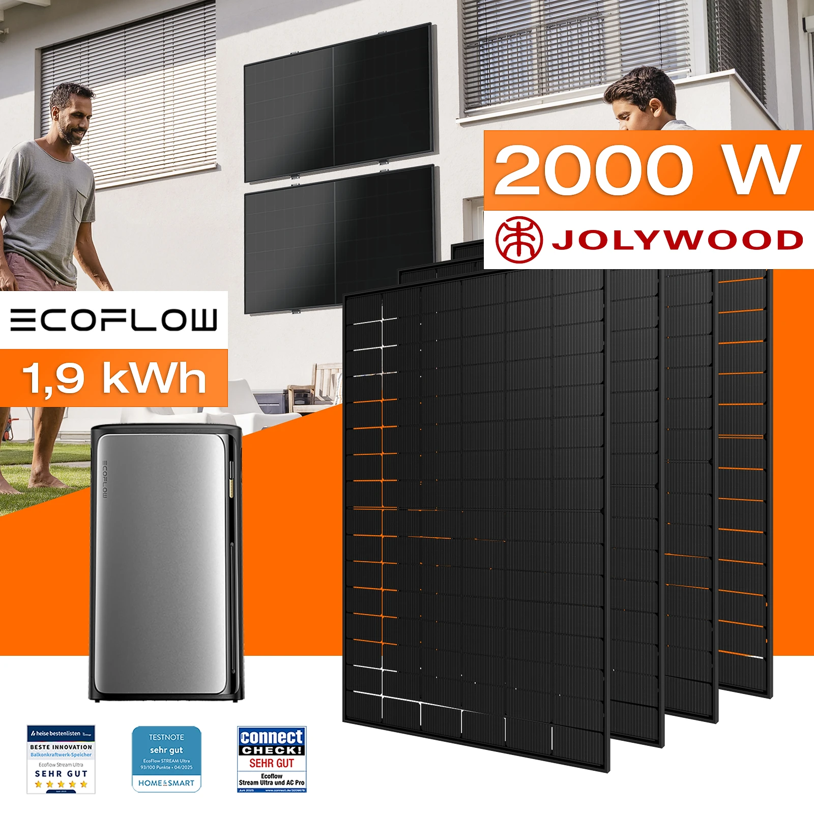 Balkonkraftwerk mit Speicher 1,92 kWh, 2000 W mit Fassadenhalterung