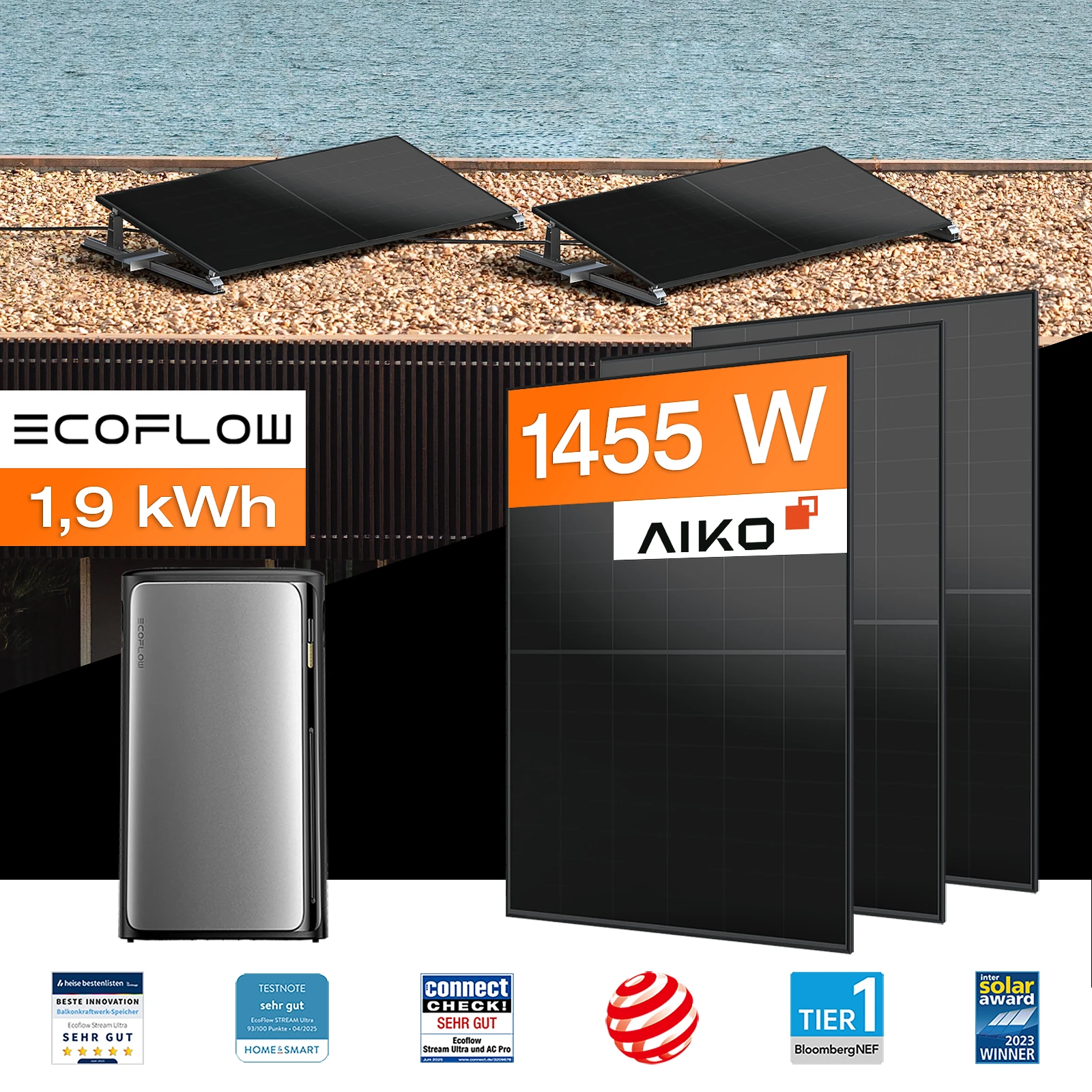 Balkonkraftwerk mit Speicher 1,92 kWh, 1455 W mit Flachdach / Garten Halterung