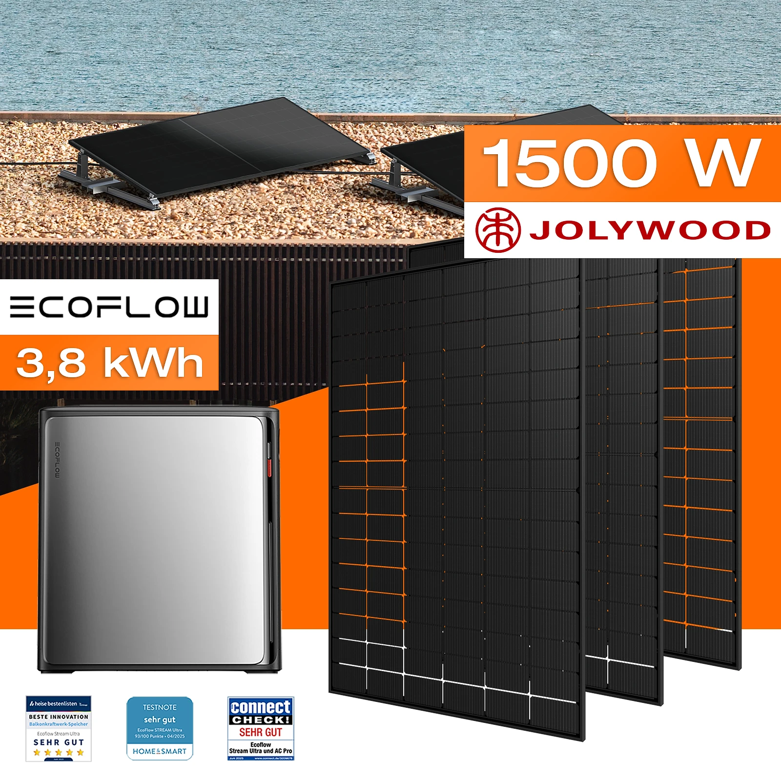 Balkonkraftwerk mit Speicher 3,84 kWh, 1500 W mit Flachdach / Garten Halterung