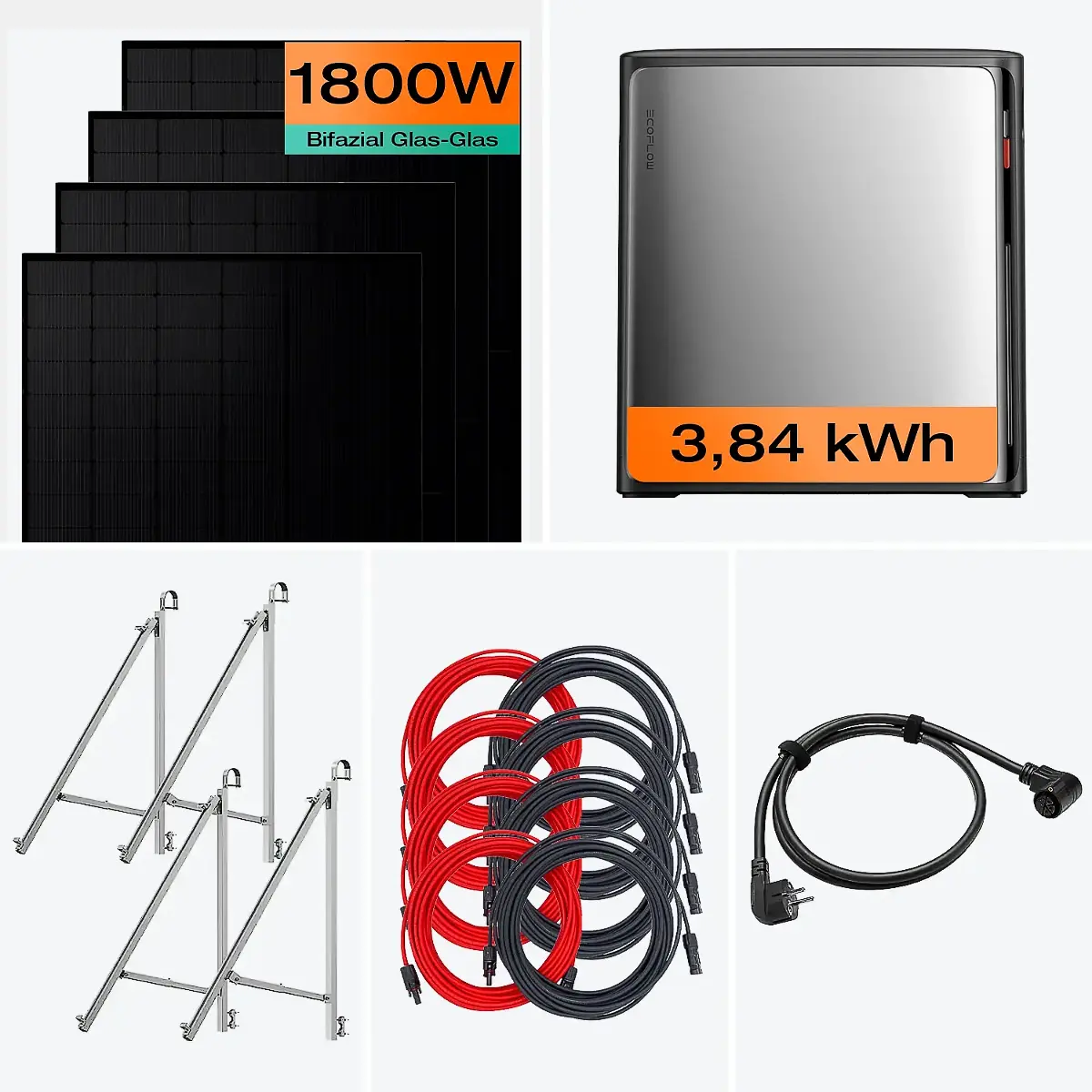 Balkonkraftwerk mit Speicher 1800 W & 3,8 kWh Komplettset mit Glasgeländer Halterung