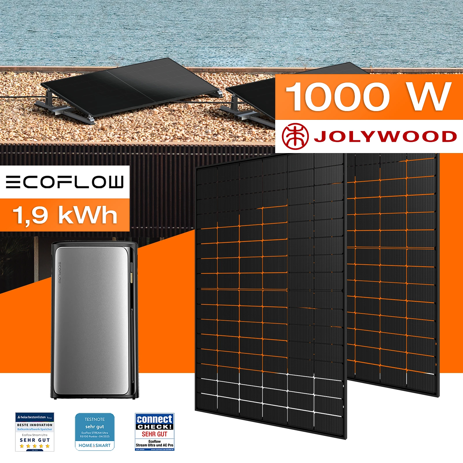 Balkonkraftwerk mit Speicher 1,92 kWh, 1000 W mit Flachdach / Garten Halterung