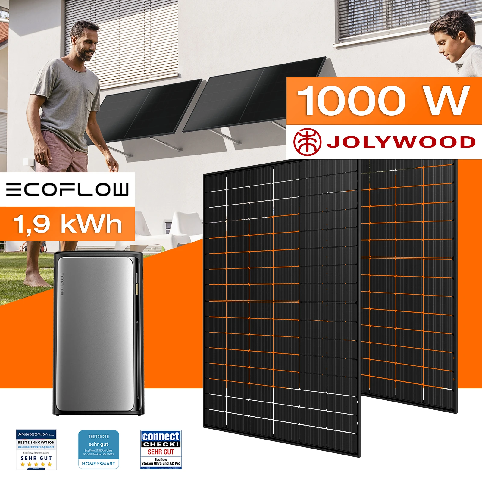 Balkonkraftwerk mit Speicher 1,92 kWh, 1000 W mit Fassadenhalterung Vario